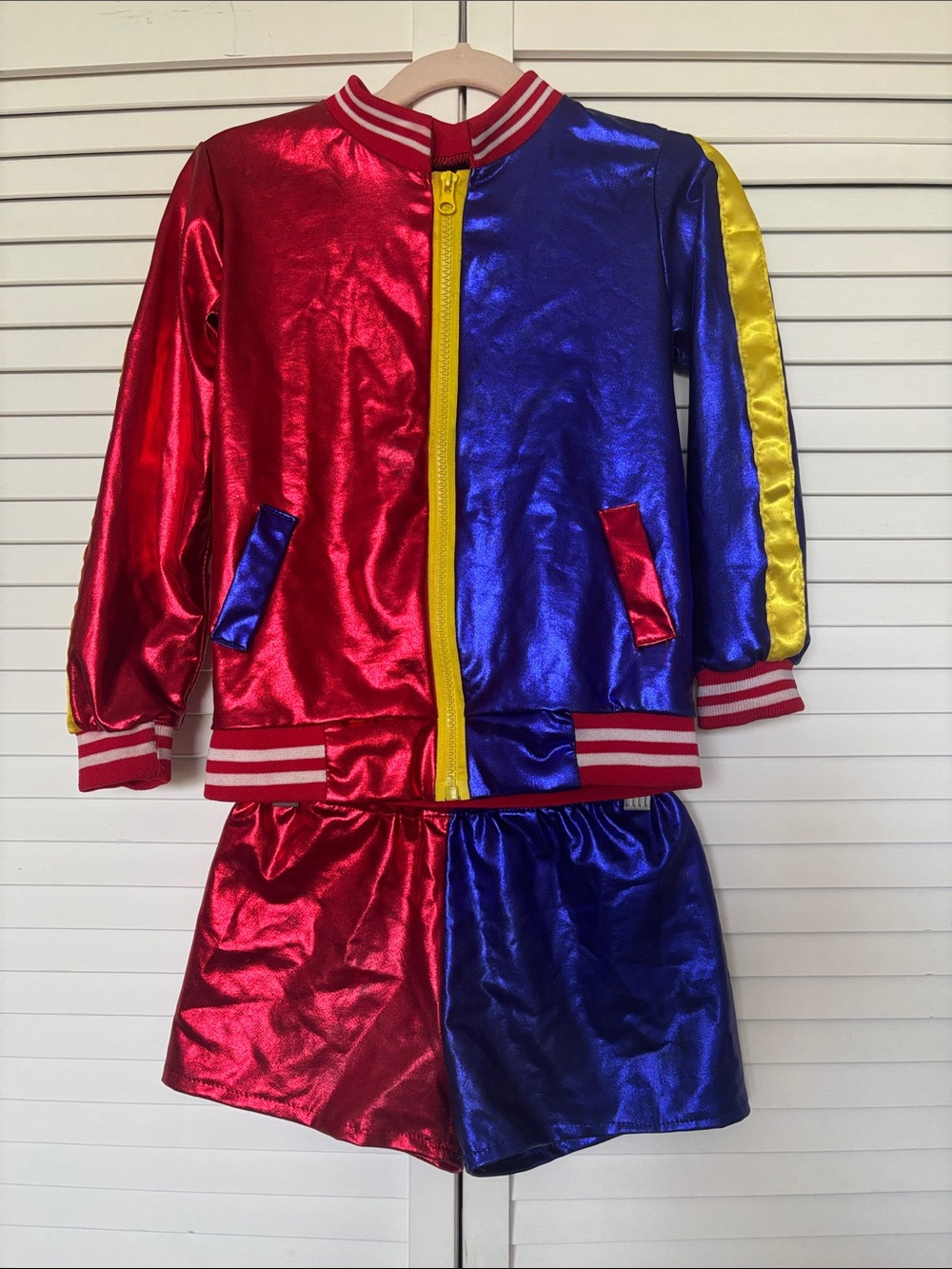 Spirit  Harley Quinn, Metallic Red and Blue Bomber Jacket and Shorts Costume
